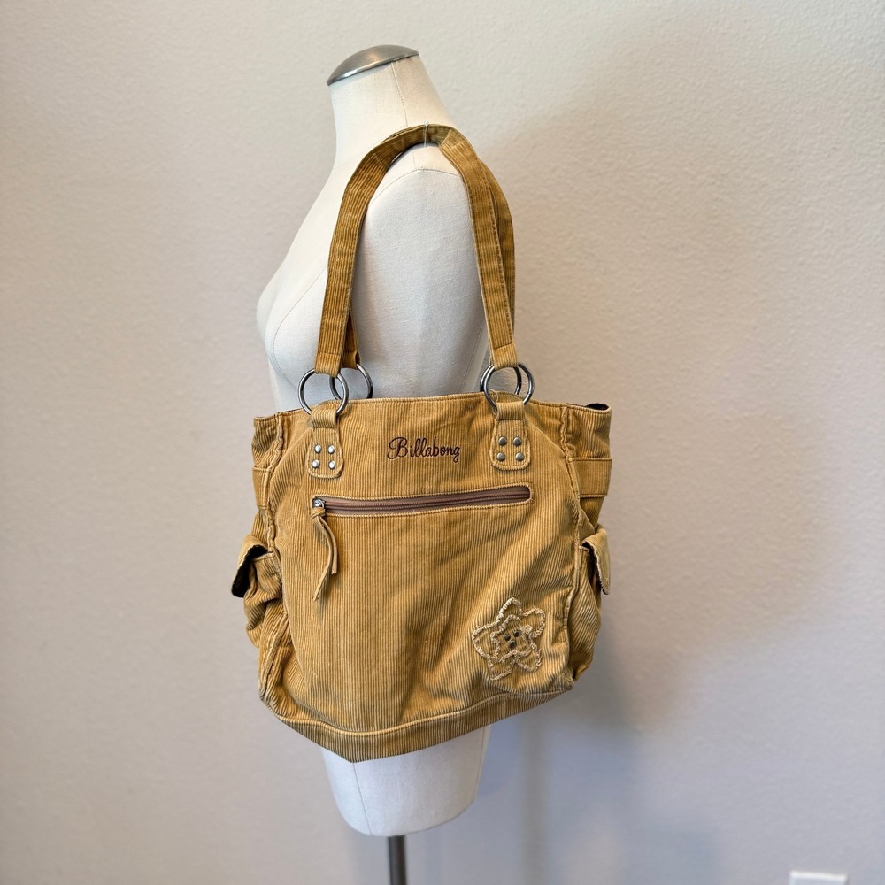 Billabong Vintage Tan Corduroy Tote Bag Floral Patch Y2K Mustard Shoulder Bag